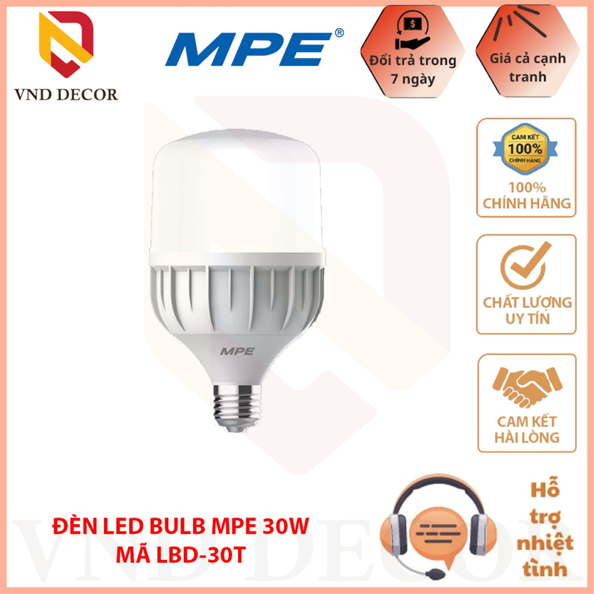 Bóng đèn Led Bulb 30W ánh sáng Trắng - MPE Chính Hãng đuôi E27, Đèn led trụ siêu sáng, Led Bulb trụ 30w ánh sáng trắng đuôi E27