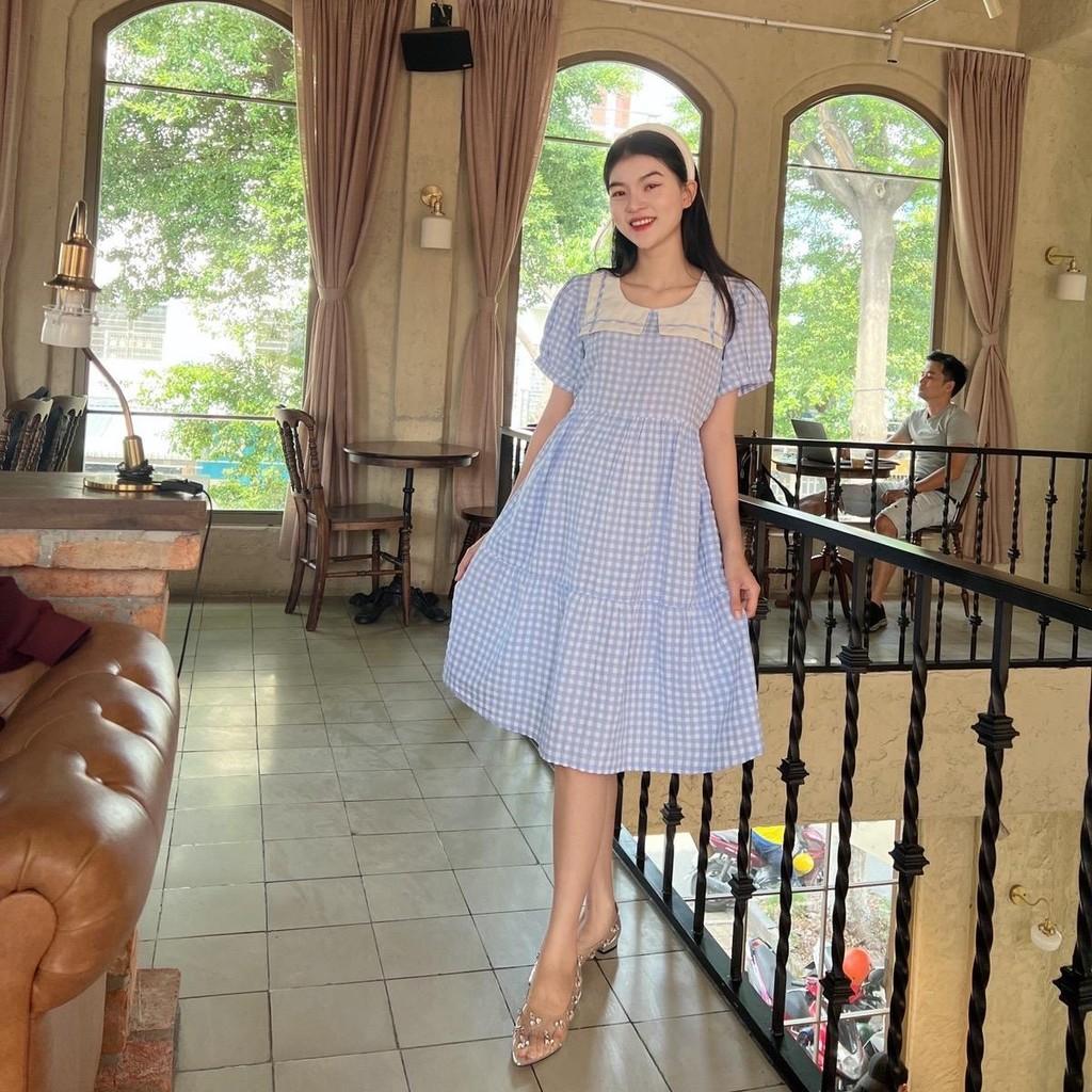 Đầm bầu karo cổ thuỷ thủ phom babydol trẻ trung, đáng yêu Nữ Women Cotton Thun - Xanh biển