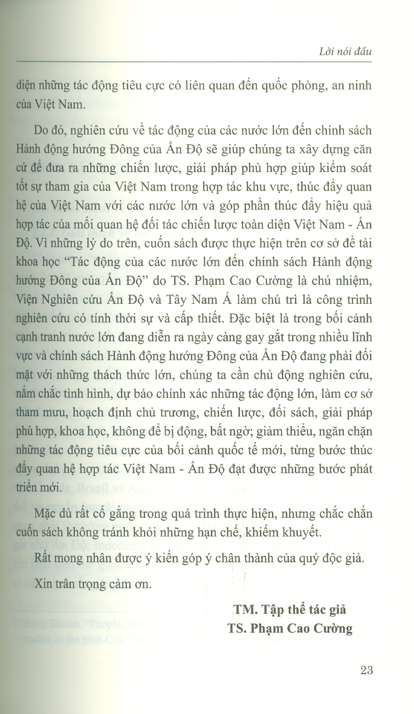 Tác Động Của Các Nước Lớn Đến Chính Sách Hành Động Hướng Đông Của Ấn Độ (Sách Chuyên Khảo)