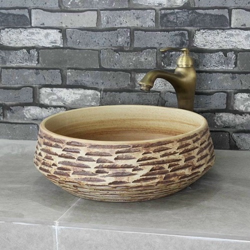 CHẬU RỬA MẶT LAVABO GỐM SỨ ĐẶT BÀN HÌNH TRÒN HỌA TIẾT HOA VĂN