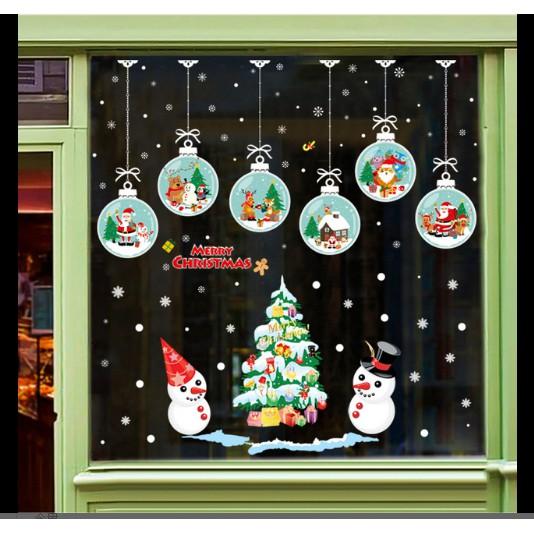 COMBO Decal Trang Trí Noel Hai Mặt Hít Tĩnh Điện Không Dơ Kính- Rèm Cầu Tuyết phối Người Tuyết Trắng
