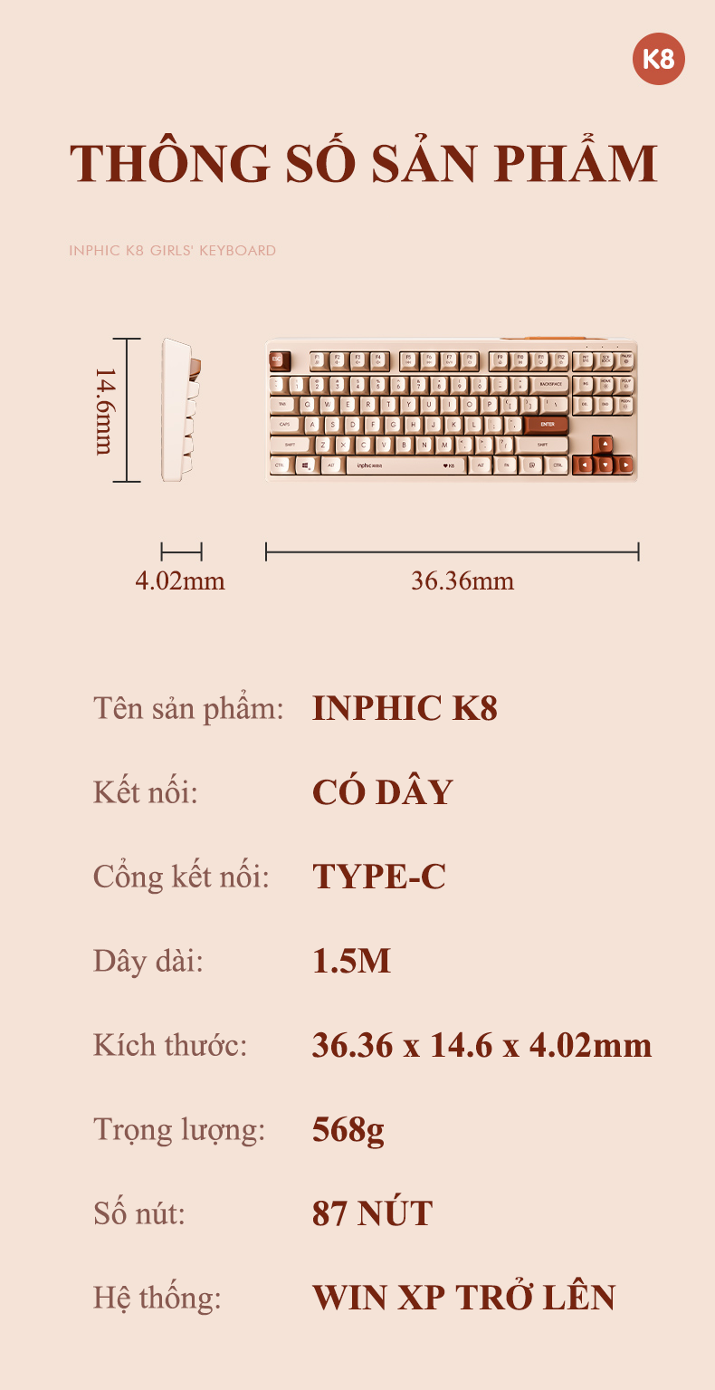 Combo bàn phím và chuột có dây chuyên game INPHIC K8 + PW5N có led thiết kế màu trà sữa dành cho các nữ game thủ - Hàng Chính Hãng