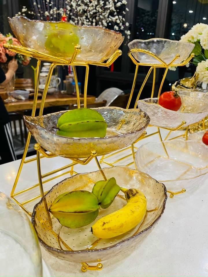 KHAY ĐỰNG SALAD BÁNH KẸO HOA QUẢ THỦY TINH 3 TẦNG KHUNG KIM LOẠI MẠ VÀNG SANG TRỌNG - VD187