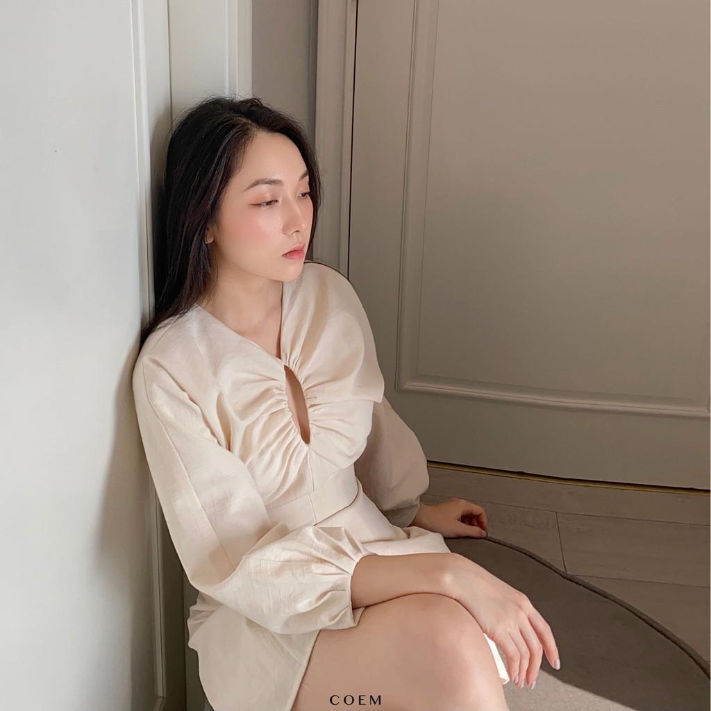 Đầm Midi Tay Dài Cách Điệu Chất Liệu LInen Cao Cấp Màu Beige CO EM Thiết Kế Nữ Tính Nhẹ Nhàng Thanh Lịch