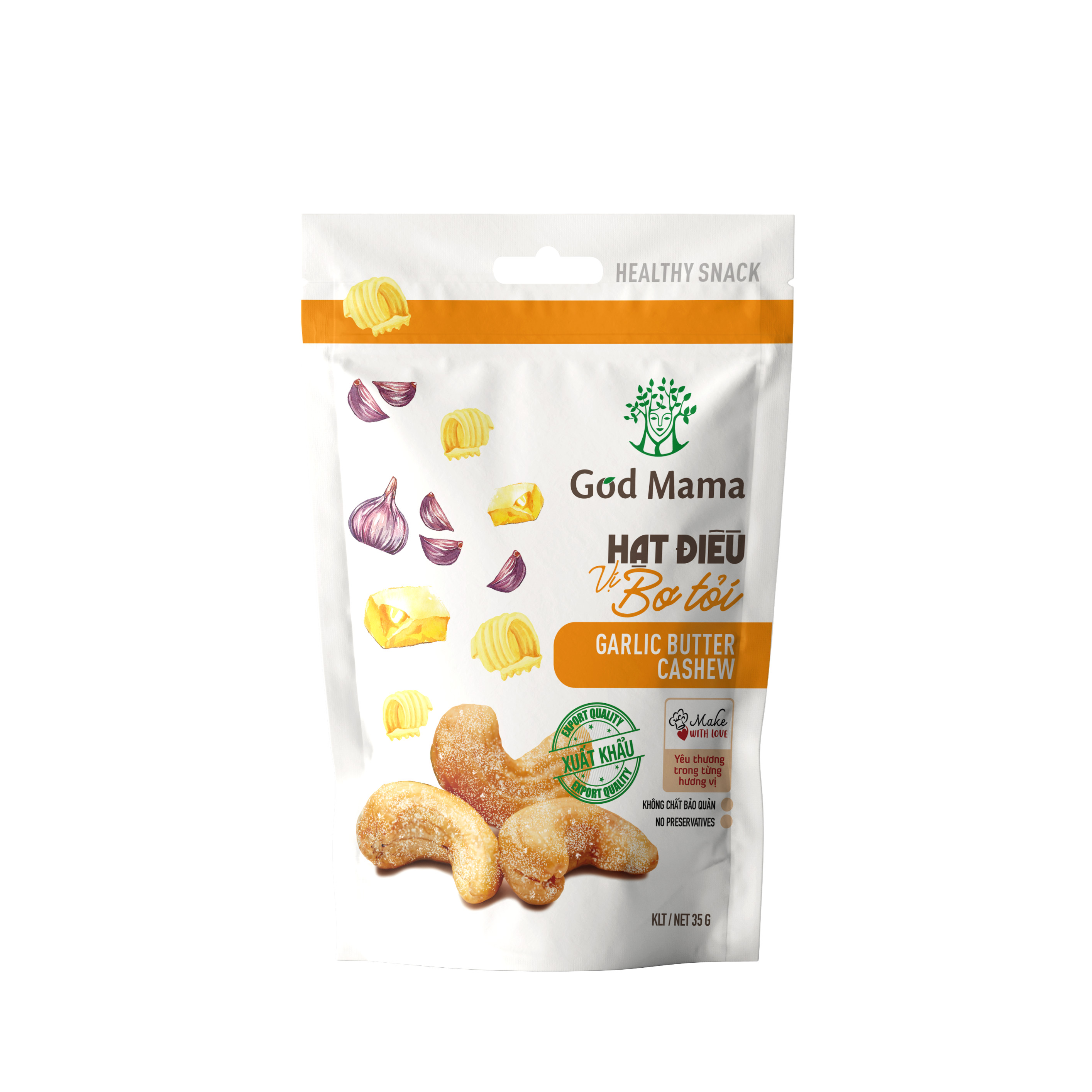 Hạt điều tẩm vị Bơ Tỏi God Mama - 35g. Nguồn nguyên liệu từ Bình Phước - vườn điều ngon nhất Việt Nam. Ăn vặt tốt cho sức khỏe