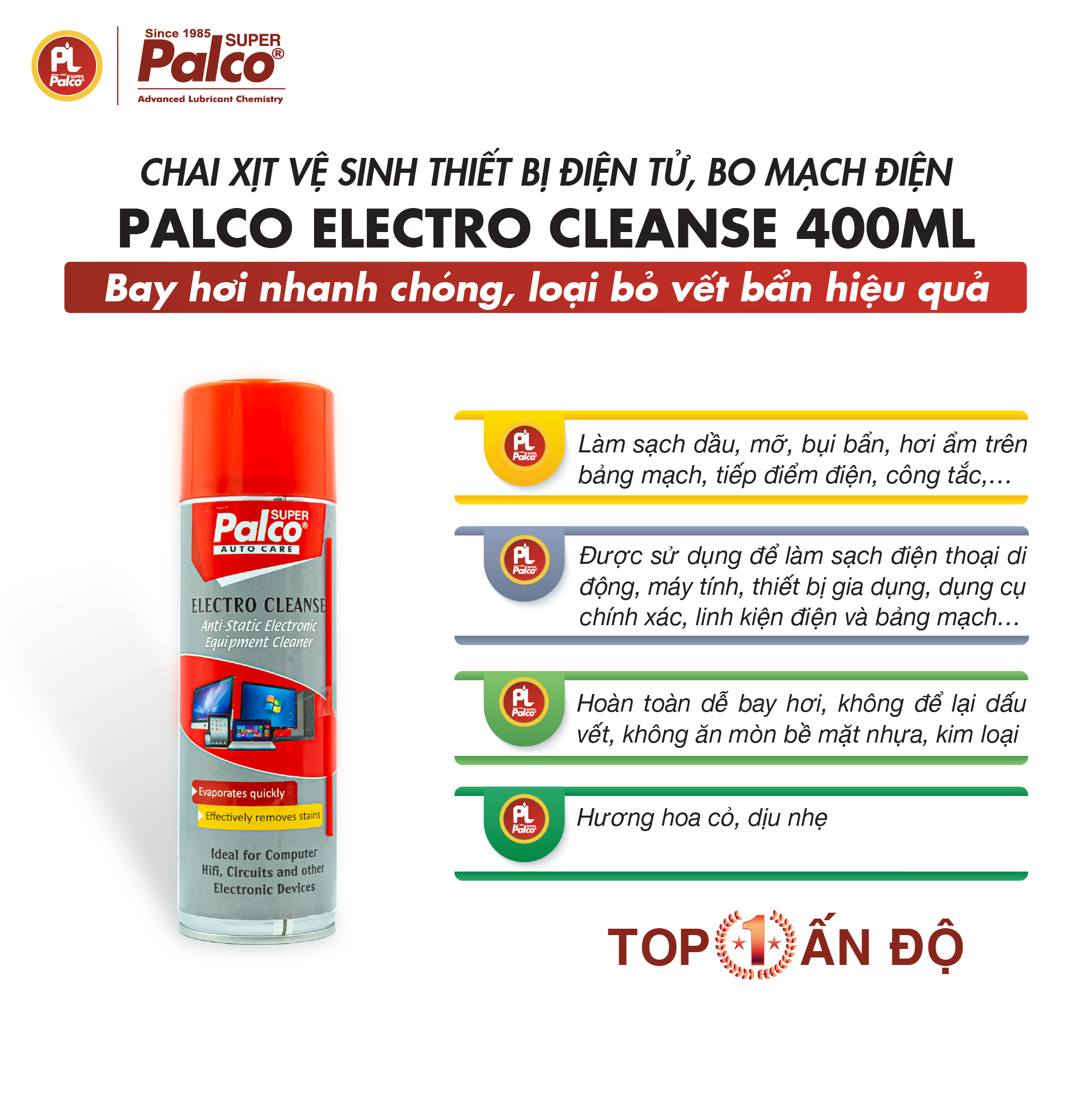 Chai xịt vệ sinh bo mạch điện tử, bảng điều kiển, thiết bị điện PALCO Electro Cleanse - Chai 400ml - Hàng nhập khẩu Ấn Độ