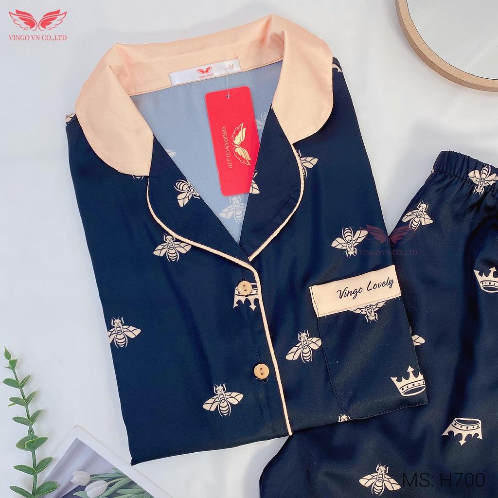 Đồ Bộ Nữ Pijama Mặc Nhà VINGO Lụa Pháp Mềm Mát Tay Cộc Quần Cộc Hoạ Tiết Ong Vàng Nền Đen Sang Chảnh Mùa Hè H700 VNGO