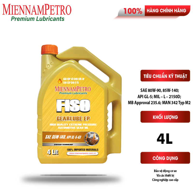 Dầu Nhớt MiennamPetro Fiso Gearlube EP SAE 85W-140 API GL-5 4L Bảo Vệ Hộp Số Và Bánh Răng Cho Xe Ô Tô Chất Lượng Cao