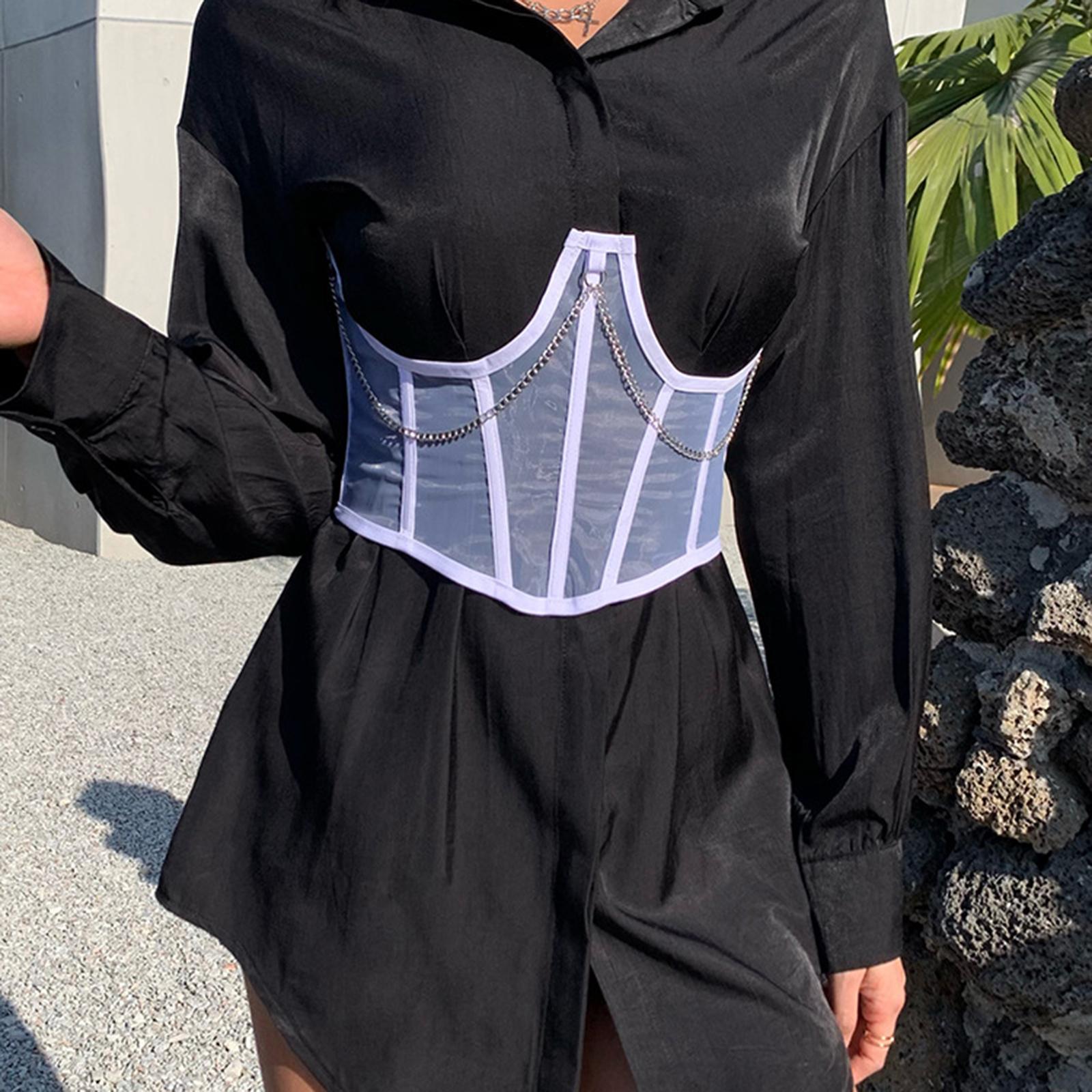 Women Corset Belt Mesh Lace Up Bustier Corset Metal Chain Boned Overbust Waist Cincher Wide Belt for Dress Shirt Blouse