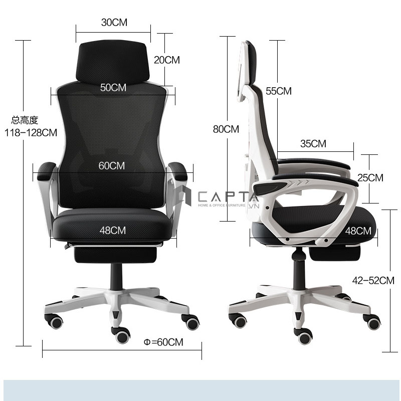 Ghế gaming khung nhựa trắng lưng lưới đen CR4312-2M Nội thất Capta Ghế làm việc tại nhà ngả lưng gác chân