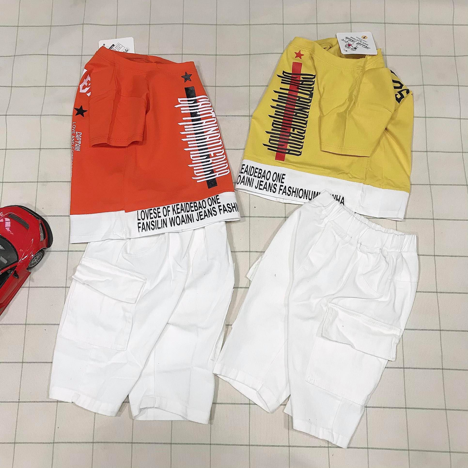 Bộ quần áo bé trai thun cotton 4 chiều áo thun quần kaki in chữ cho bé từ 8kg đến 22kg( màu vàng, cam