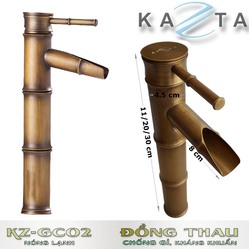 Vòi lavabo nóng lạnh KAZTA KZ-GC02 đồng thau thân trúc kèm 2 dây cấp nóng lạnh