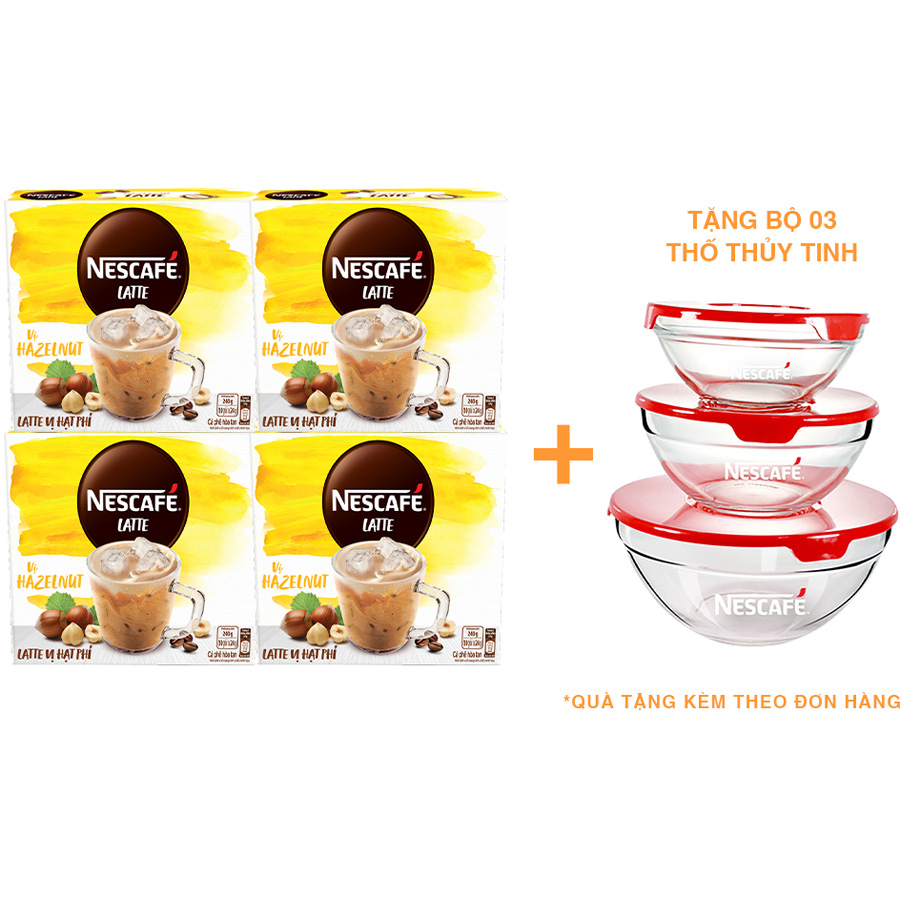 Combo 4 hộp cà phê hòa tan Nescafé Latte sữa hạt vị hạt phỉ (Hộp 10 gói x 24g) - [Tặng bộ 3 thố thuỷ tinh Nescafé]