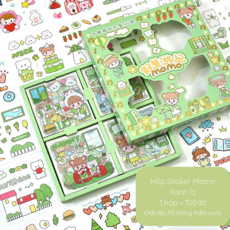 Hộp 100 tờ stickers PVC kháng nước/sticker giấy dễ thương siêu xinh