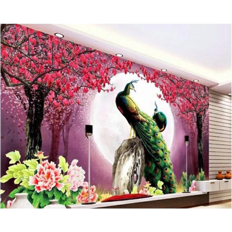 Tranh chim công hoa mẫu đơn dán tường 3d. tranh vải lụa KT 120x80 cm. in kích thước theo yêu cầu liên hệ 0989685926