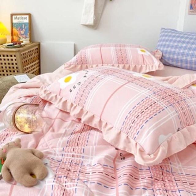 Set Cotton Đũi Hàn Quốc Hàng Nhập Khẩu Cao Cấp 4 Món Chăn Trần Liền Hoa Kẻ Hồng