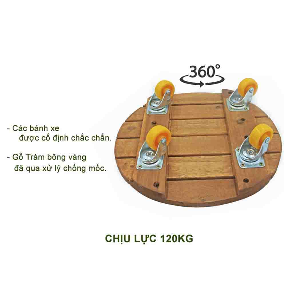 Bộ 4 Đế lót chậu bằng gỗ Grennhome có bánh xe Tròn R30cm chịu lực 120kg -Giúp di chuyển chậu cây một cách dễ dàng.