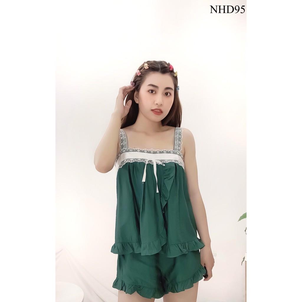 Set Bộ Nữ NHIHOUSE71 Áo Hai Vai Ren Bản Lá Đắp Quần Ngắn Lai Bèo Vải Xước Gân Bụi Cá Tính 45 - 57 Kg