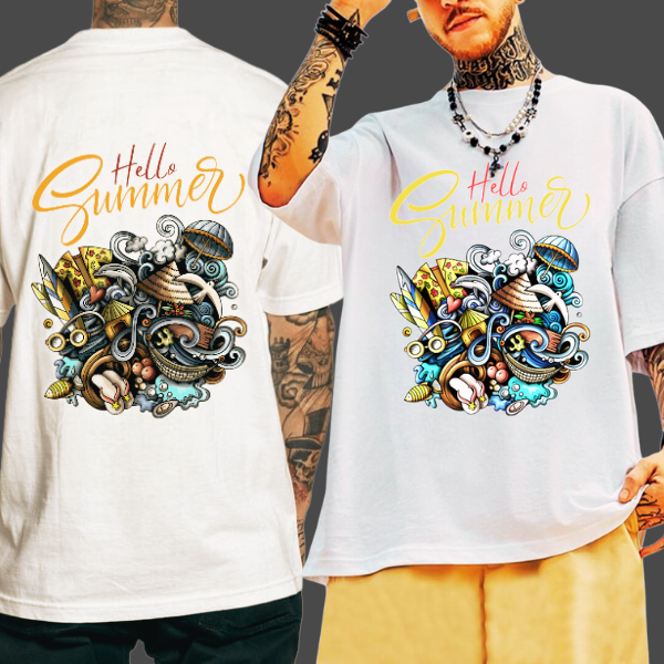 Áo Thun Nam Cổ Tròn Hello Summer, Năng Động Trẻ Trung, Hình In 3d Phối Chữ Sắc Nét, Tay Lỡ Trẻ Trung - DOPEL SHOP