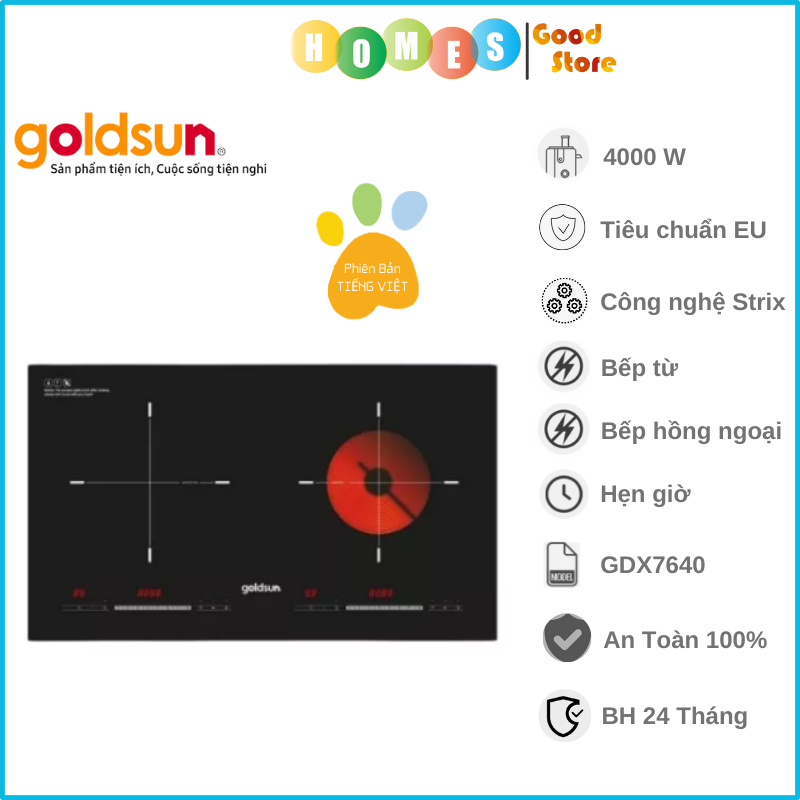 Bếp Từ Đôi Kiêm Bếp Hồng Ngoại GOLDSUN GDX7640 Mặt Kính Cường Lực Công Suất 4000W Công Nghệ Inventer Tiết Kiệm Điện - Hàng Chính Hãng