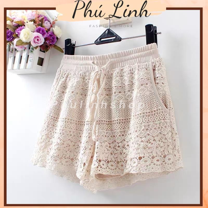 MS608 Quần short nữ ren hoa đan móc cạp chun đi biển