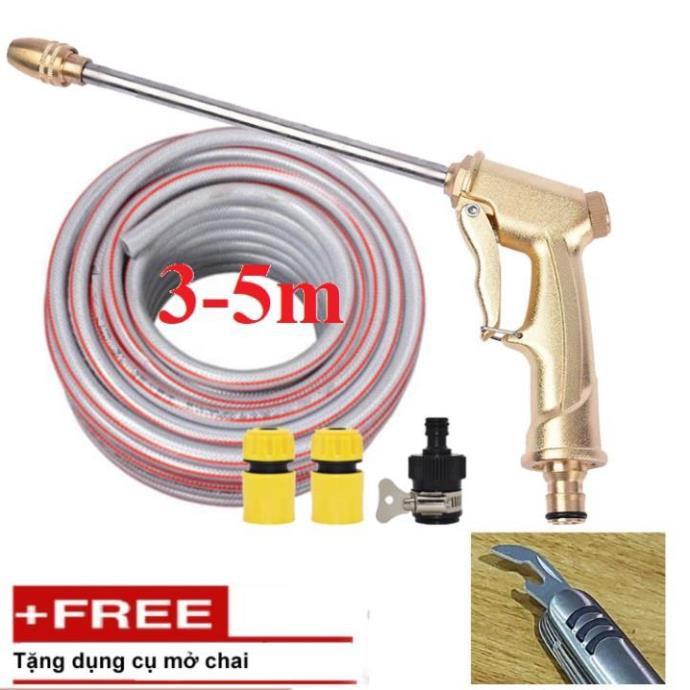 ️ Bộ dây vòi xịt nước rửa xe,tưới cây . tăng áp 3 lần,loại 3m,5m 206701-3 đầu đồng,cút,nối nhựa đen+ tặng mở chai