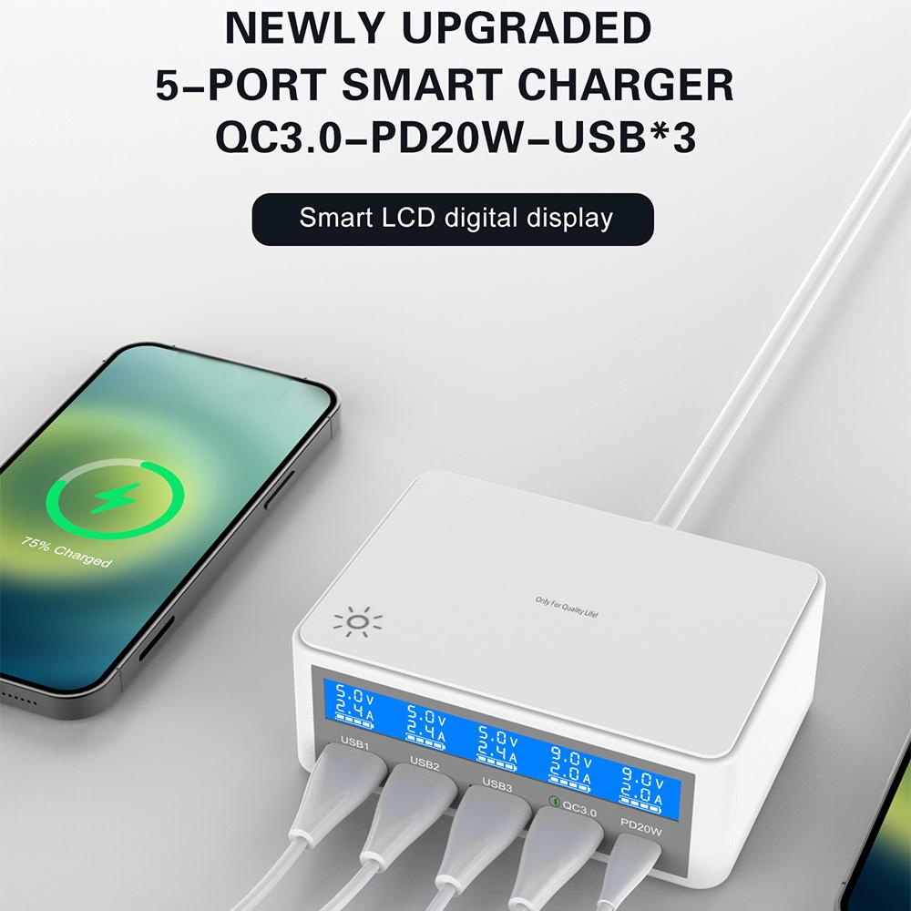 Multiple USB Charger 65W 5-Port USB Charging Stations with LCD Display PD 20W + QC3.0 Fast Charger Multi-Port USB Hub Charger for Smart Phones Tablet Earphone and More