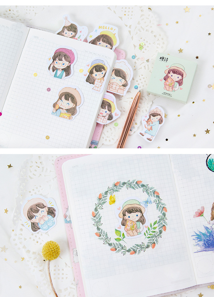 Sticker hộp 45 miếng dán - Cô Bé Mũ Hồng - Hộp nhãn dán trang trí sổ tay bullet journal - M048