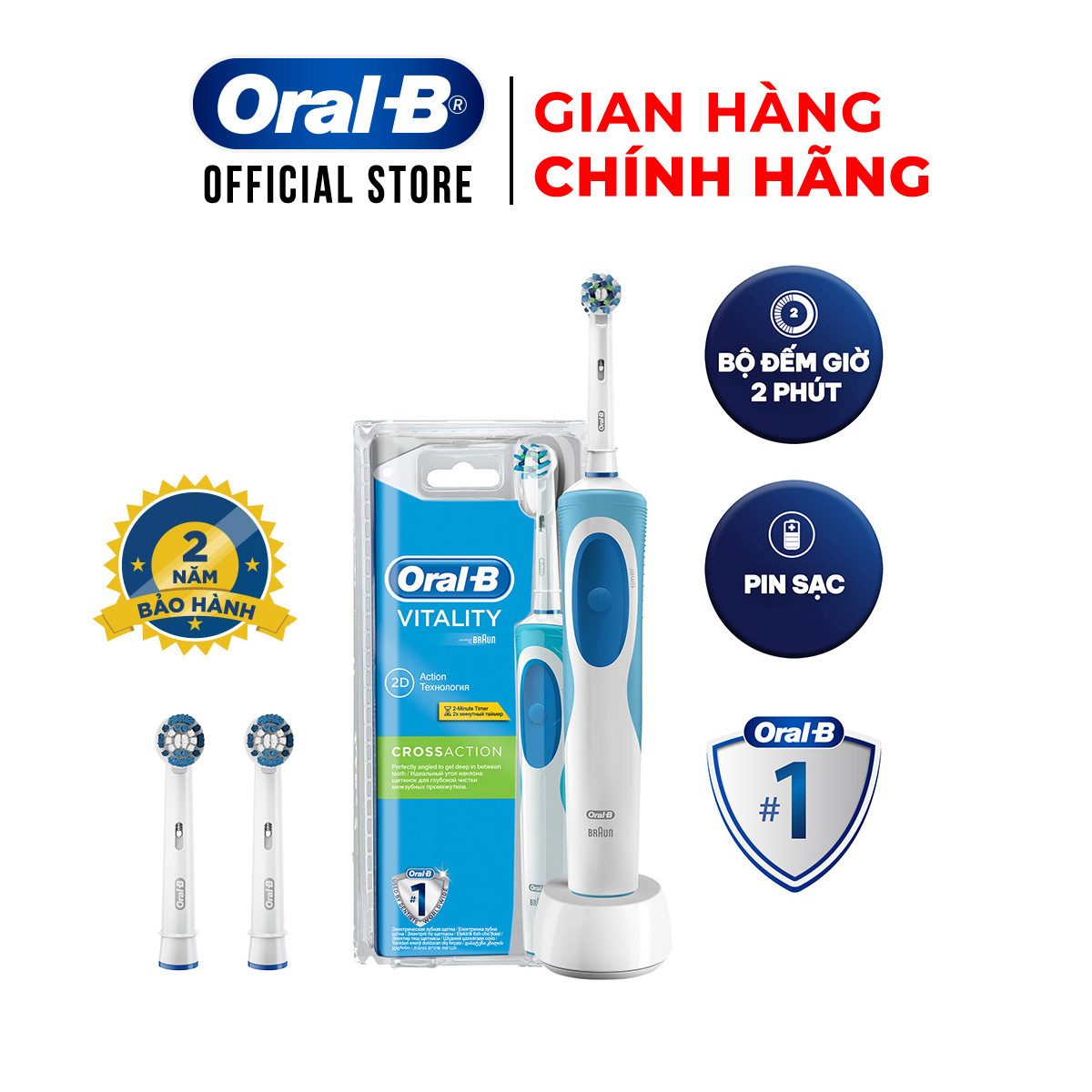 COMBO Bàn chải đánh răng điện Oral-B Vitality CrossAction Blue D12.513 và 2 Đầu bàn chải Oral-B Precision Clean- Hàng chính hãng