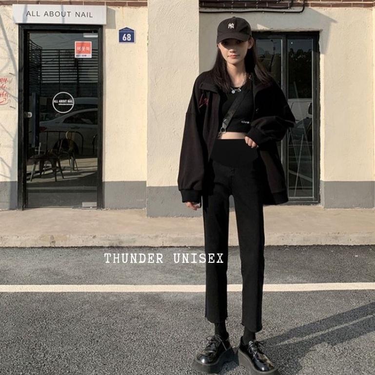 Quần Jean Nữ Ống Đứng Lưng Cao Gấu Rách Quần Bò Suông Co Giãn Màu Đen ThunderUnisex Phong Cách Hàn Quốc Ulzzang