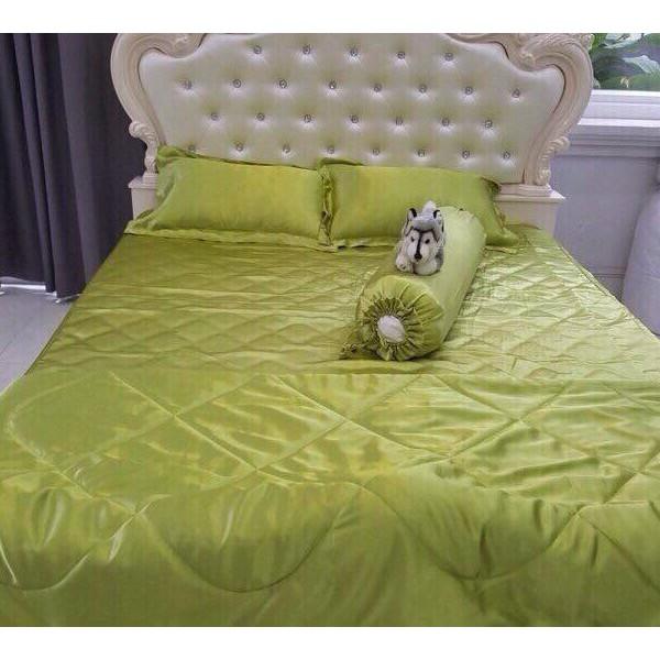 Bộ Chăn Trần Bông Ga Gối Phi Lụa 5 Món Cao Cấp Lan Bedding Màu Xanh Cốm