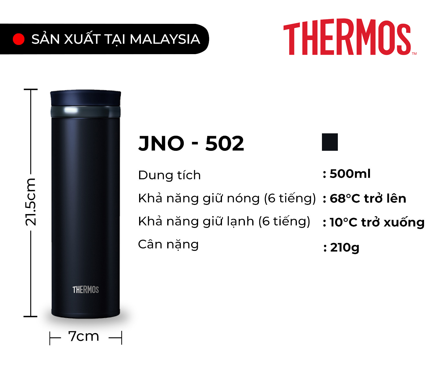 Bình giữ nhiệt Nhật Bản inox Thermos nắp vặn 500ml JNO 502 - Hàng chính hãng