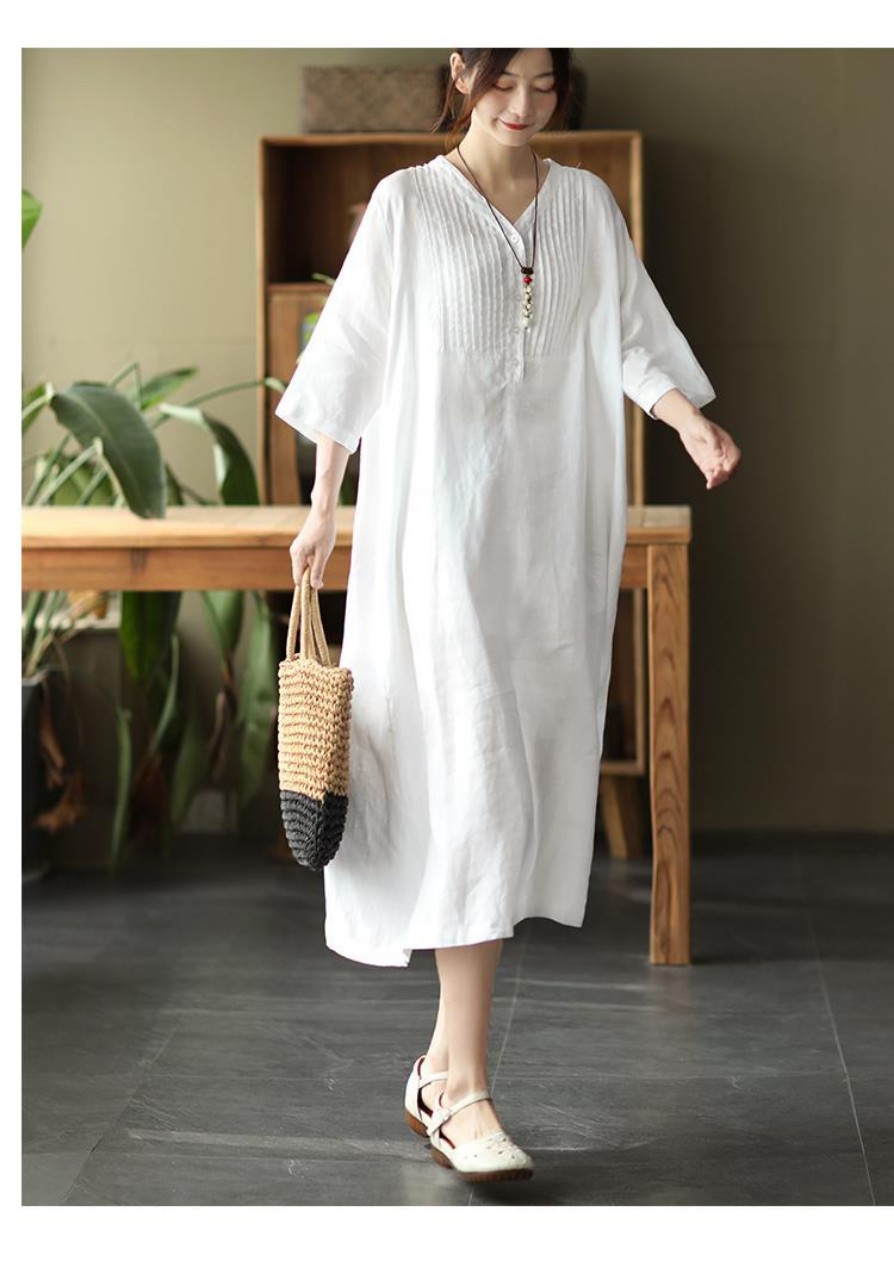 Đầm váy suông nữ dáng dài tay lỡ chất liệu linen mềm cao cấp phong cách retro Haint Boutique Da190