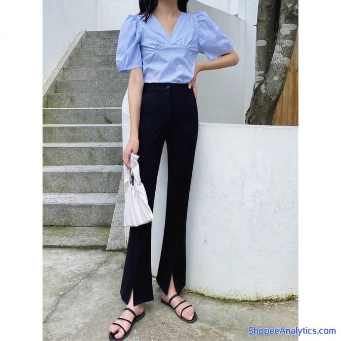 Quần ống loe xẻ gấu lưng cao hàn quốc thời trang Milofa