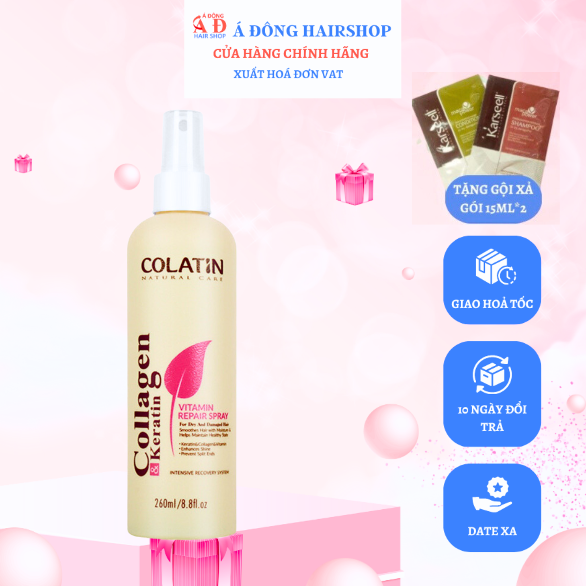 Xịt dưỡng tóc Colatin Vitamin Keratin Repair Spray phục hồi hư tổn khô xơ uốn nhuộm 260ml + Gội xả gói Karseell 15ml