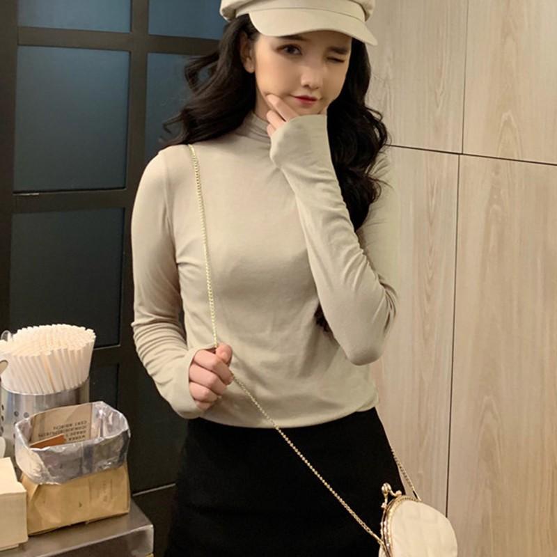 Áo thun nữ tay dài cổ cao màu trơn