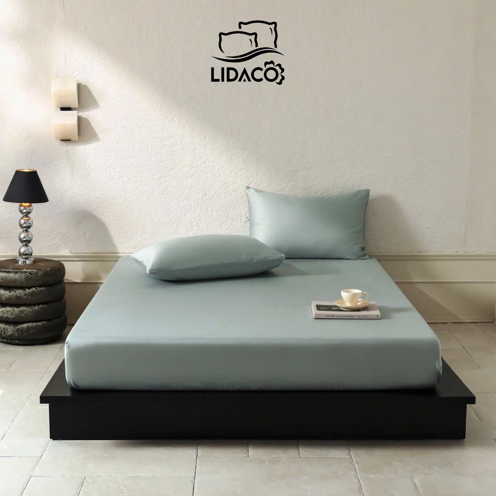 Bộ ga gối lụa tencel LIDACO cao cấp cotton lụa đơn sắc mềm mịn được may chun dấu decor phòng ngủ vintage