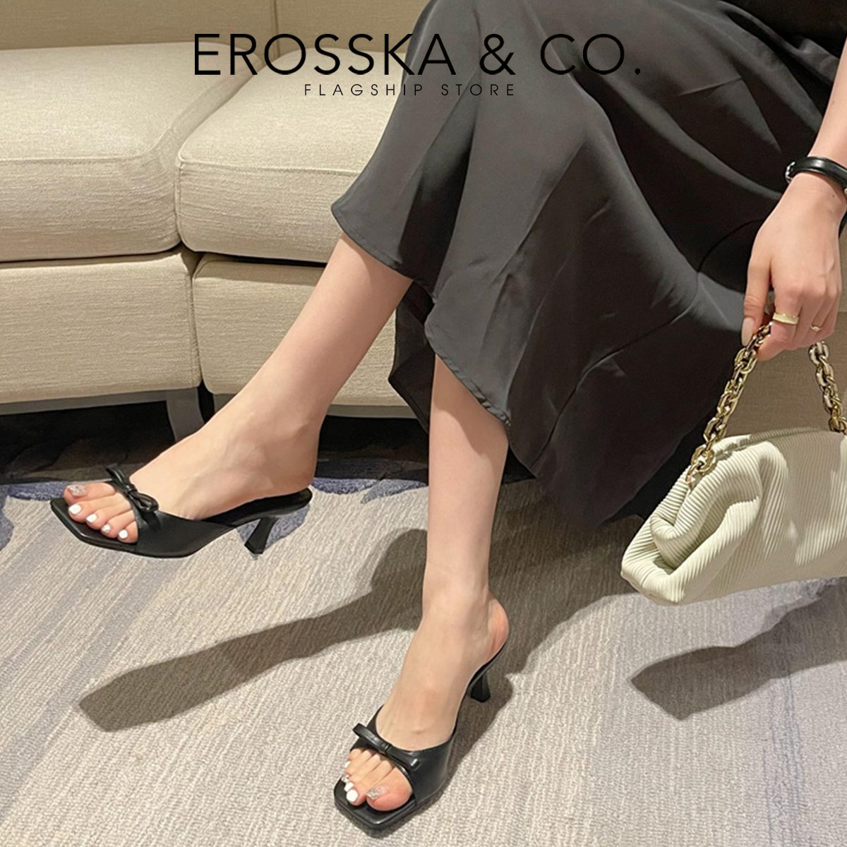 Erosska - Dép cao gót nhọn hở mũi phối nơ thời trang công sở thanh lịch - EM100