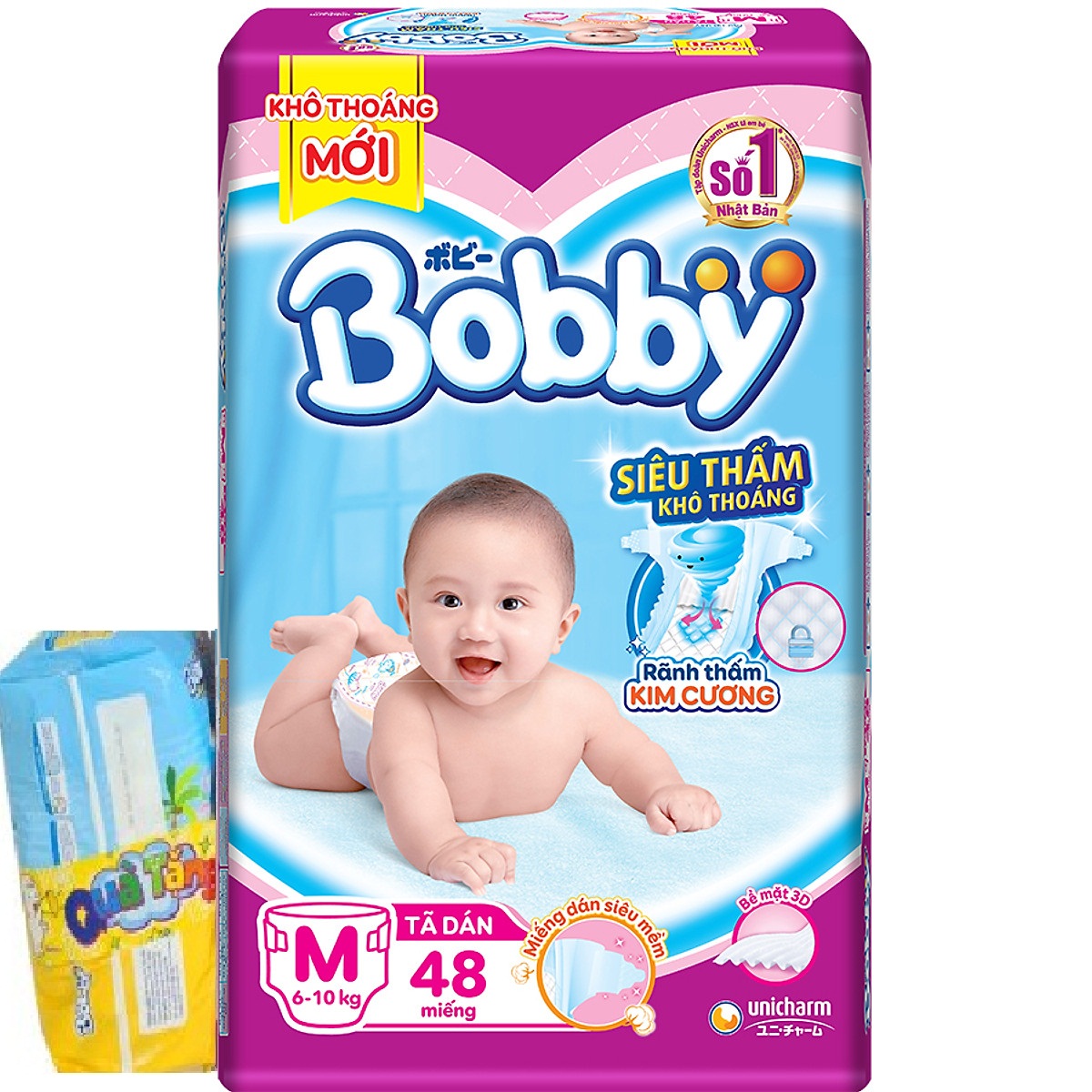 Tã Dán Bobby Siêu Mỏng Thấm Gói Lớn M48 (TẶNG 1 GÓI 6 MIẾNG TẢ QUẦN CÙNG SIZE)