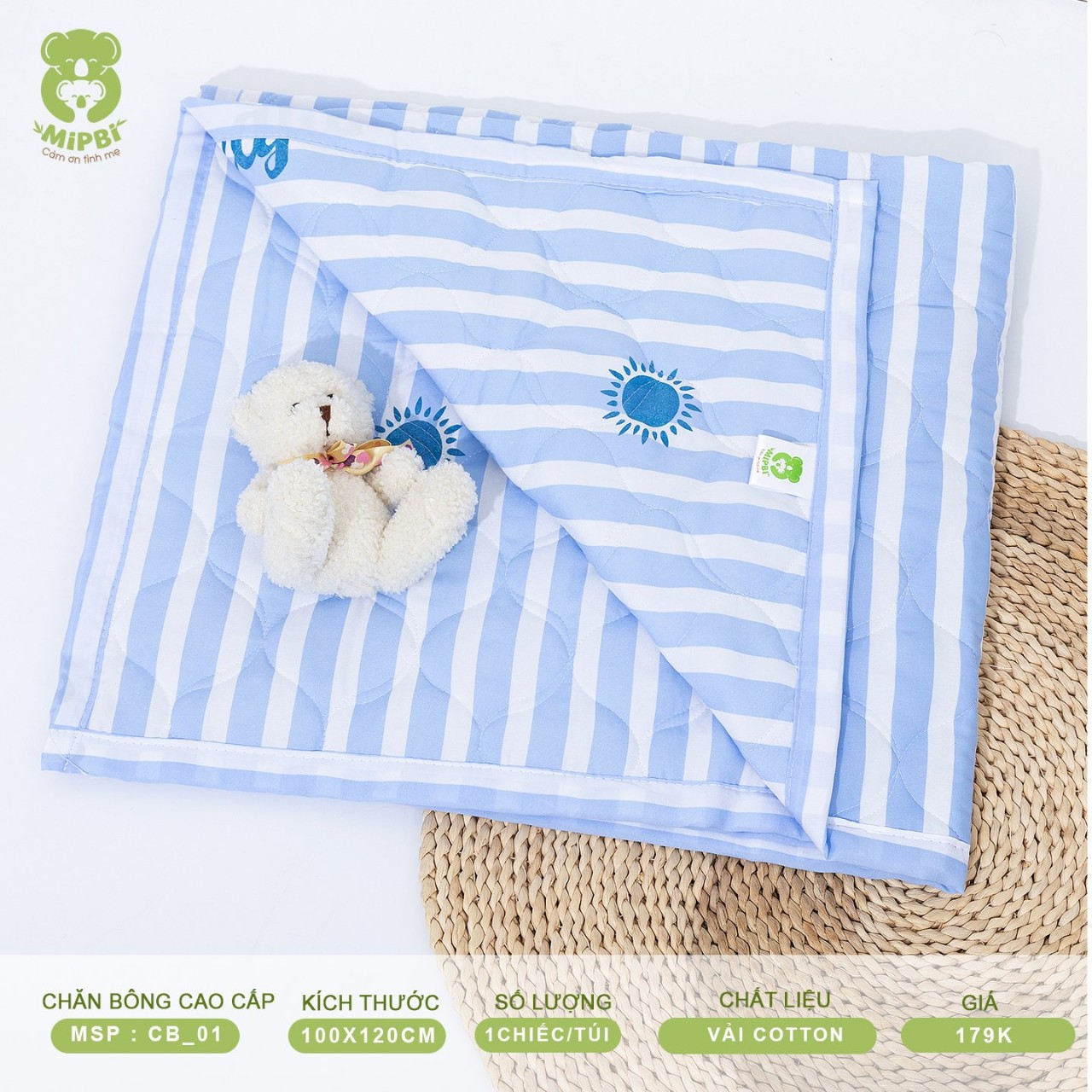 Chăn cotton Mipbi hè thu trần bông mỏng nhẹ họa tiết đáng yêu cho bé