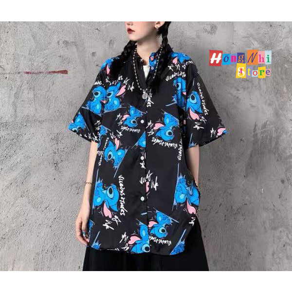 Áo Sơ Mi Hoạ Tiết Tay Lỡ Dáng Rộng, Sơ Mi Con Xanh Tay Lửng Unisex - MM