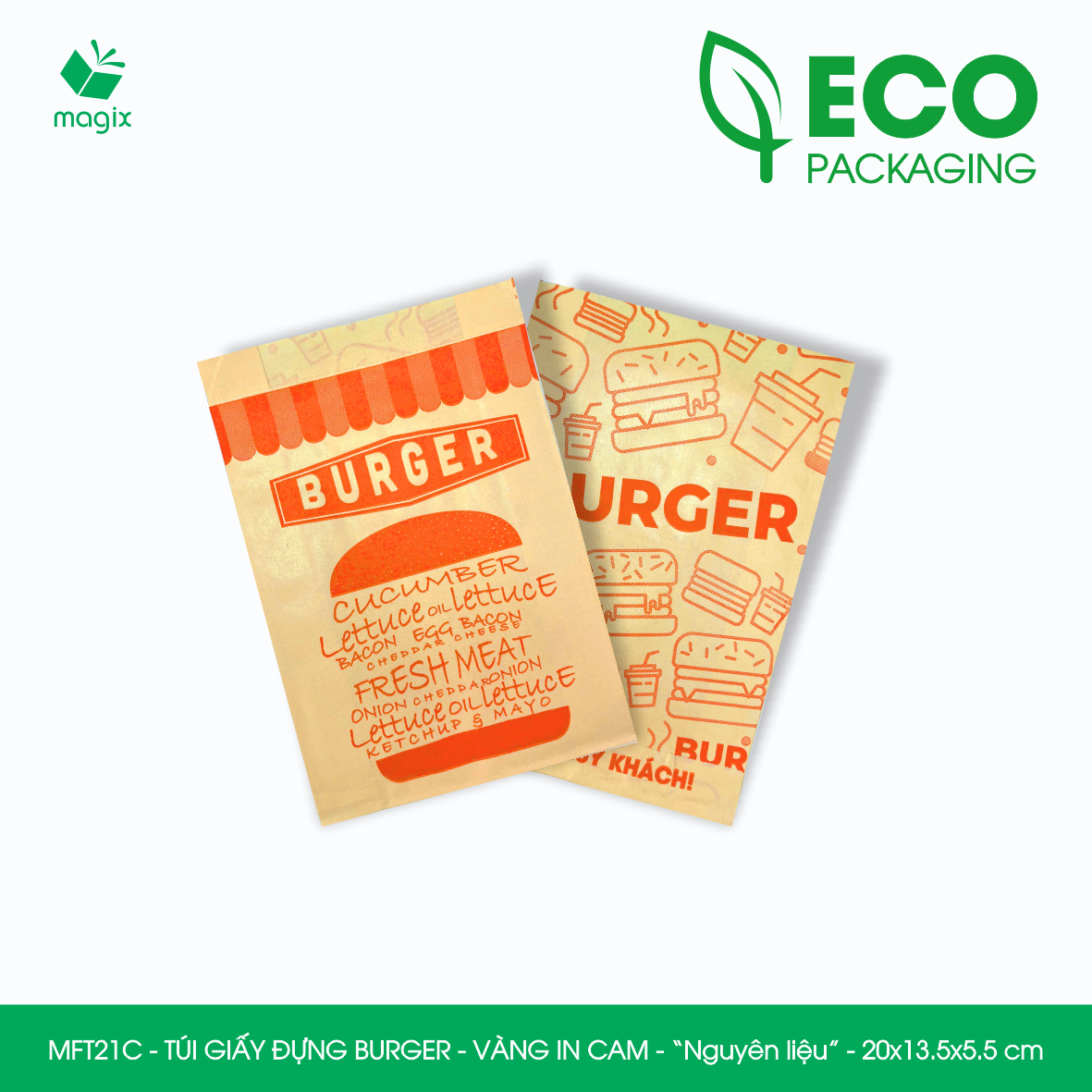 MFT21C - 20x13.5x5.5 cm - 500 Túi giấy Kraft đựng hamburger, túi giấy burger, túi đựng thực phẩm