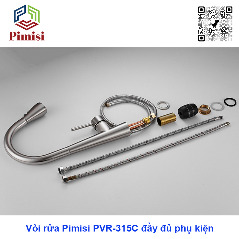 Vòi Rửa Chén Nóng Lạnh Dây Rút Pimisi PVR-315C Inox 304 Mạ Sáng Bóng, Gắn Chậu Rửa Bát 1-2-3 Hố Trong Nhà Bếp Với Đầu Vòi 2 Chế Độ Tăng Áp Nhẹ Và Dây Rút Dài Mềm, Chỉnh Nhiệt Bằng Gật Gù Cho Vòi Rửa Bát Đặt Âm - Dương Bàn Đá | Hàng Chính Hãng