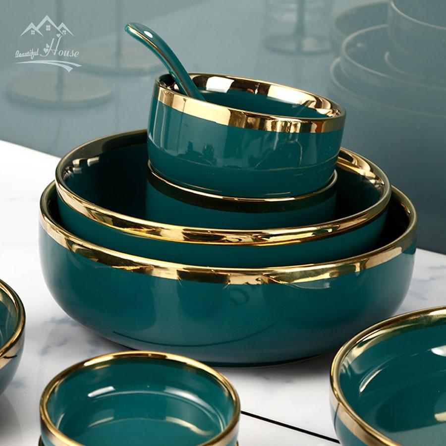Bộ Bát, Đĩa Sứ Màu Xanh Cổ Vịt - Sứ Cẩm Thạch Viền Vàng 24k Sang Trọng