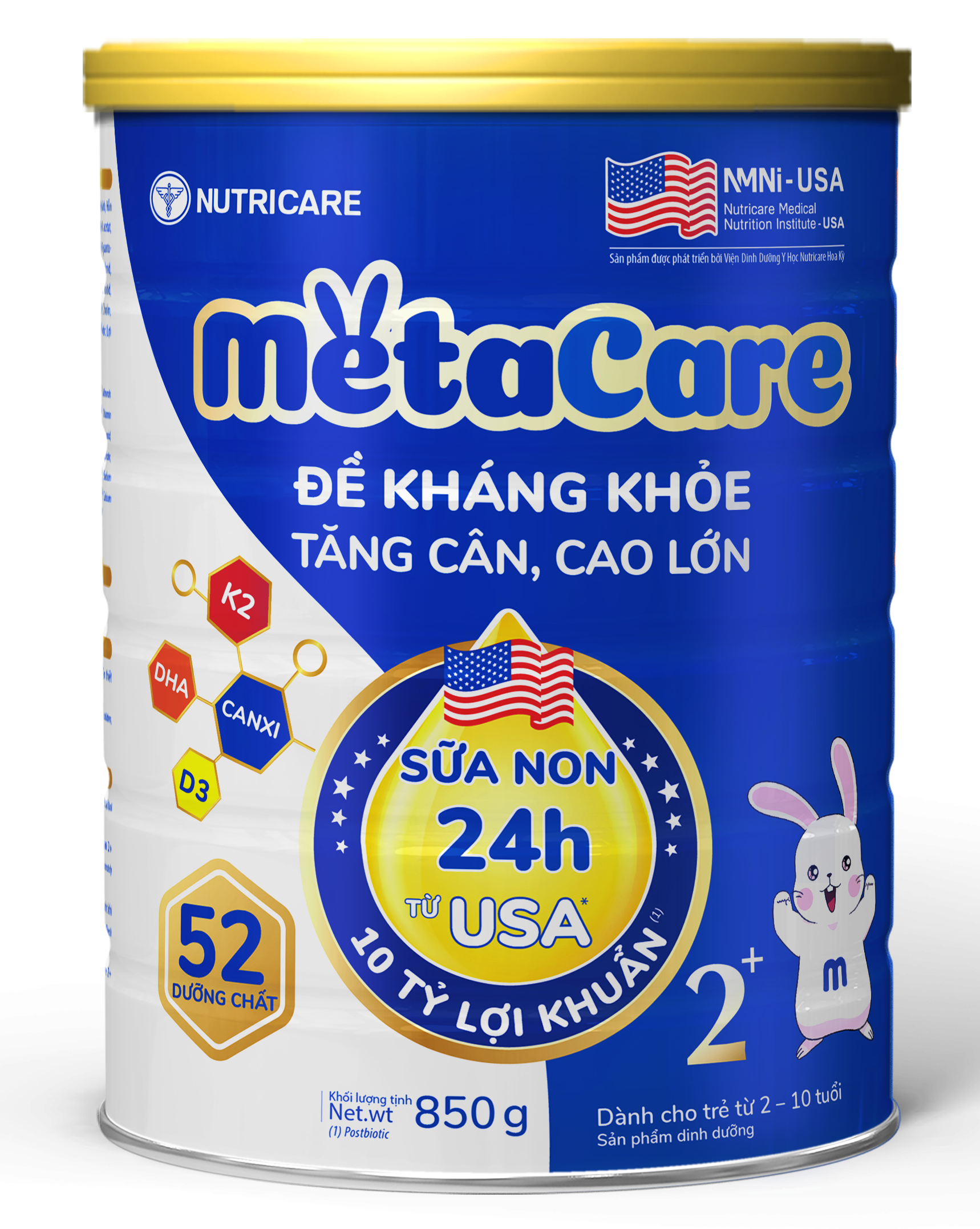 Sữa bột Nutricare MetaCare 2+ lon 850g - Đề kháng khoẻ, Tăng cân, Tăng cao