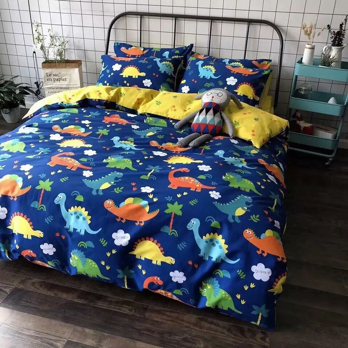 Bộ chăn ga gối cotton cao cấp PL1 - Khủng Long - Tặng kèm 1 móc khóa Houston