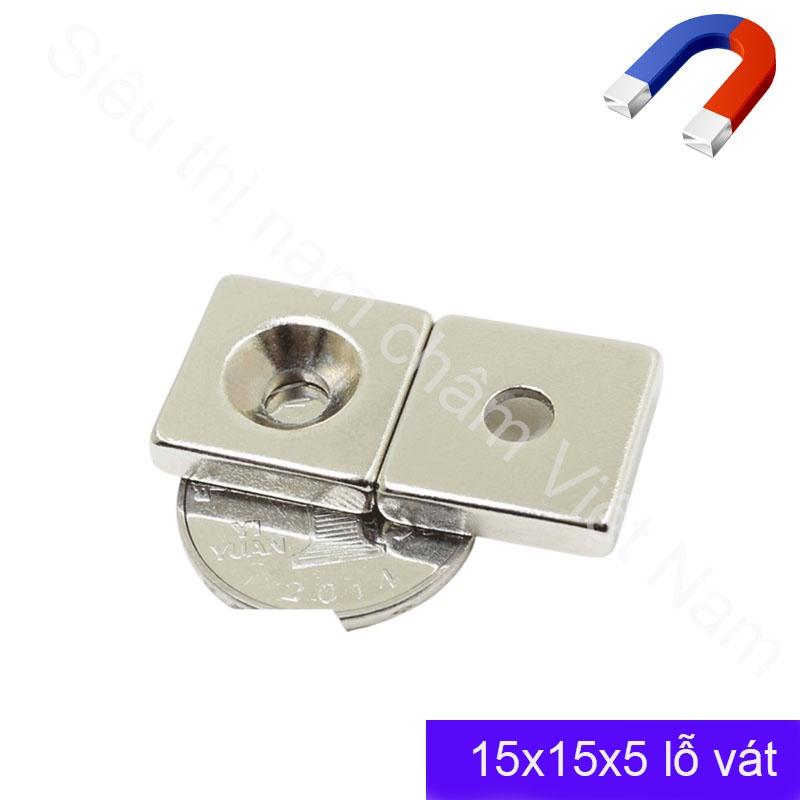 Nam châm hình vuông lỗ vát 15x15x5mm lỗ 6mm, nam châm vĩnh cửu siêu mạnh