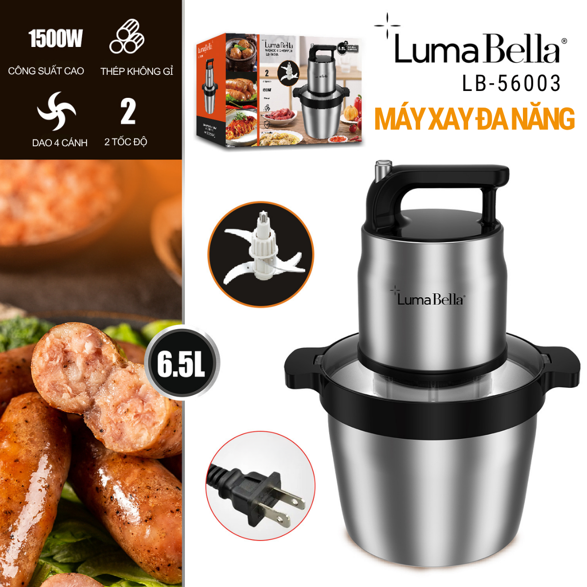 Máy xay thịt 6.5L đa năng công suất cao 1500W xay nhuyễn thịt, rau củ nhanh chóng, Lumabella LB-56003 lưỡi dao sắc bén - HÀNG CHÍNH HÃNG