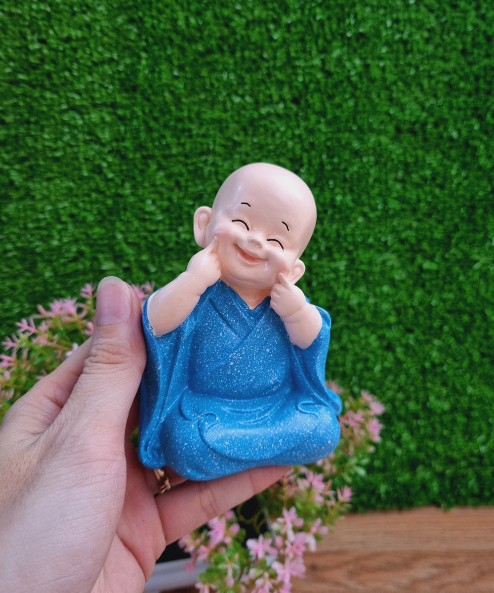 Bộ 03 tượng chú tiểu Tam Không áo xanh dương 10cm - tặng kèm 50 xu vàng mini may mắn