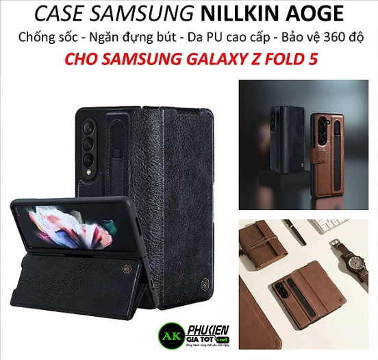 Bao da chống sốc cho Samsung Galaxy Z Fold 5, Fold 4, Fold 3 trang bị ngăn đựng S-Pen hiệu Nillkin Aoge Leather Cover Case (bảo vệ máy cực tốt, chất liệu da PU cao cấp) - hàng nhập khẩu